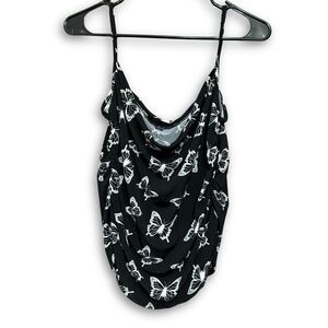 Faded Rose Black Butterfly Spaghetti Strap Ruched Tank Top - Size Large